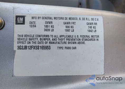 2005 Pontiac Sunfire из США, поврежденный, VIN 3G2JB12FX5S165953